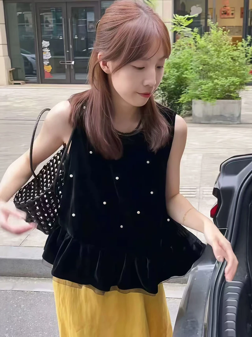 SS法式蝴蝶结丝绒小衫背心2025夏季小香风珍珠拼接荷叶边无袖上衣