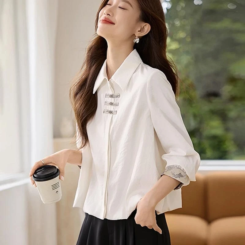 新中式国风翻领拼接撞色设计感衬衫女2025春秋新款百搭高级感上衣