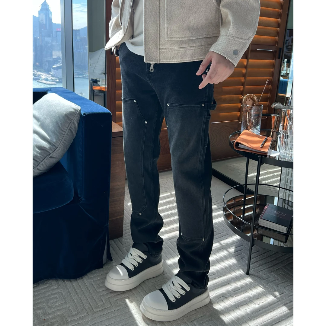 【拼接牛仔】痞帅男装秋冬款四面弹力烟灰修身直筒长牛仔裤子男款