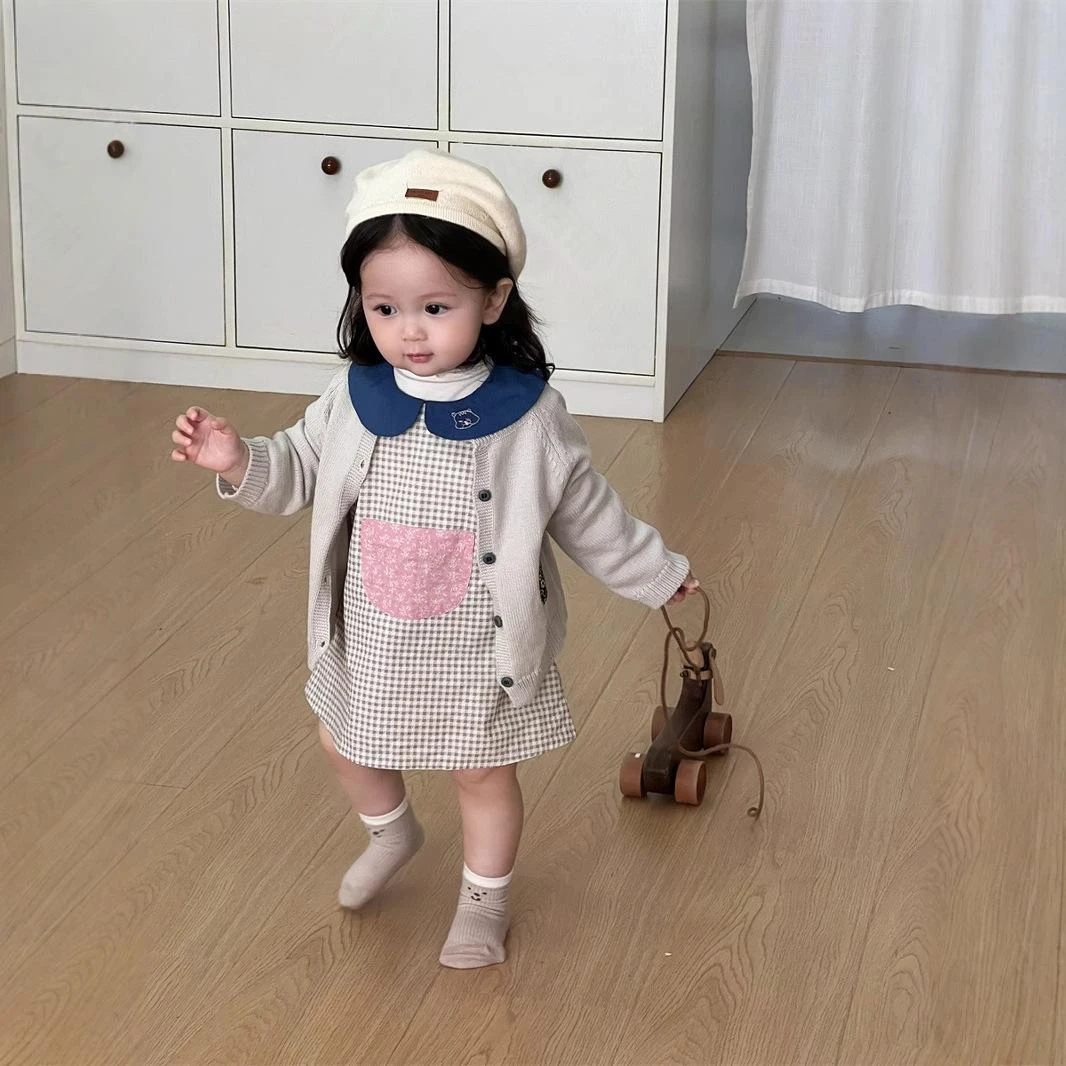 春装2025新款女宝宝衣服韩版童装女童格子连衣裙套装针织开衫