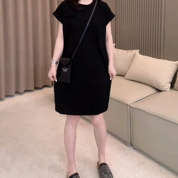 夏季新款圆领短袖中长款纯色连衣裙宽松显瘦气质减龄