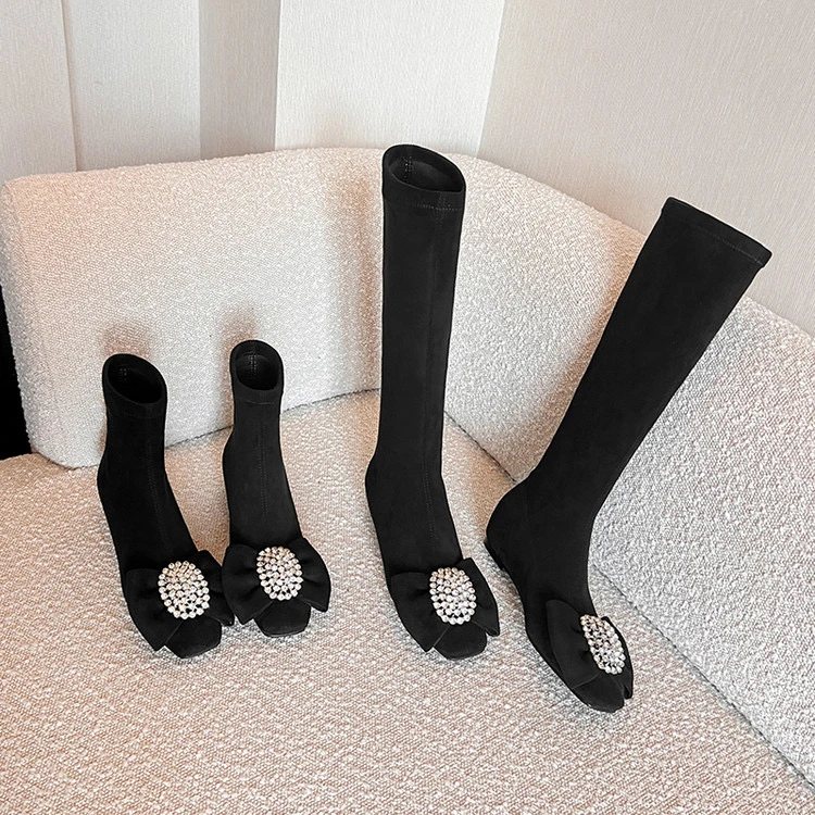 【XIAOXIA】秋季冬季千金风4cm内增高蝴蝶结钻扣瘦腿靴高筒/矮筒