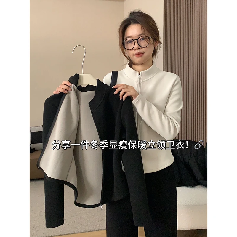 加绒保暖内搭打底衣女春秋可外穿高级感大码胖mm拉链开衫t恤卫衣