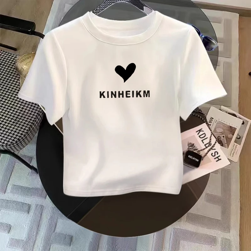 2025新款夏短袖恤女时尚简约印花美式正肩显瘦短款上衣小高领潮流