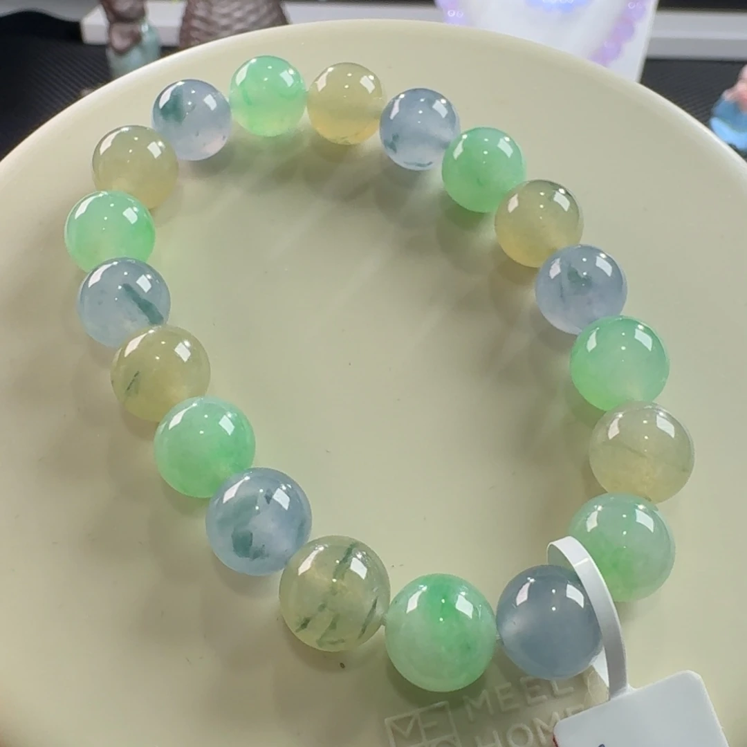 翡翠手链未镶嵌冰三彩手串卡10 水润！经典！