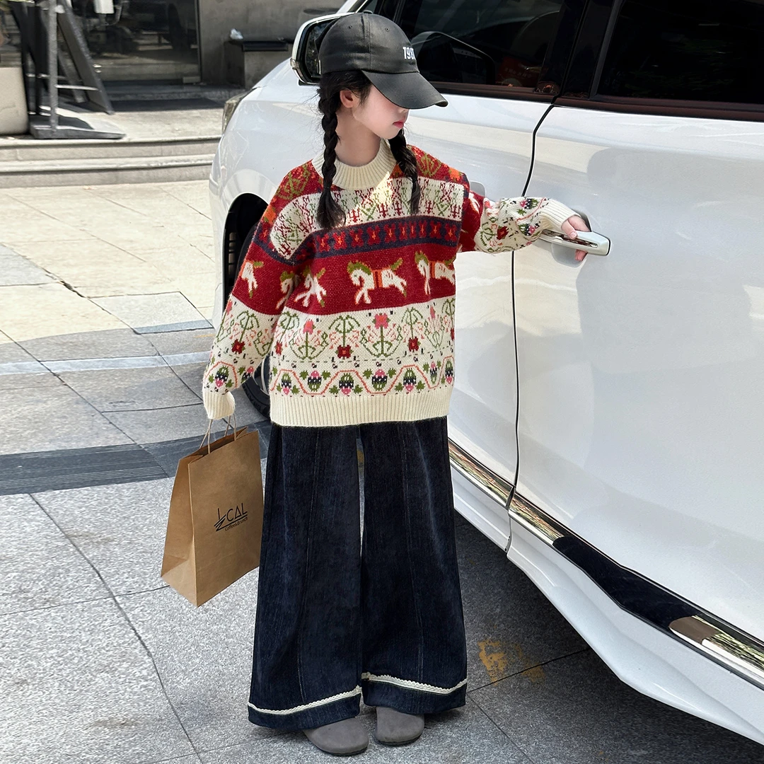 女童毛衣红色2025冬季新款针织打底衫大儿童秋冬装加厚上衣女孩子