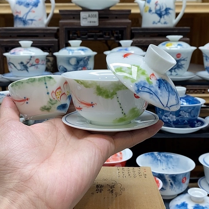 手绘五彩荷花悬停盖碗150cc➕水缸杯釉下彩微瑕福利款