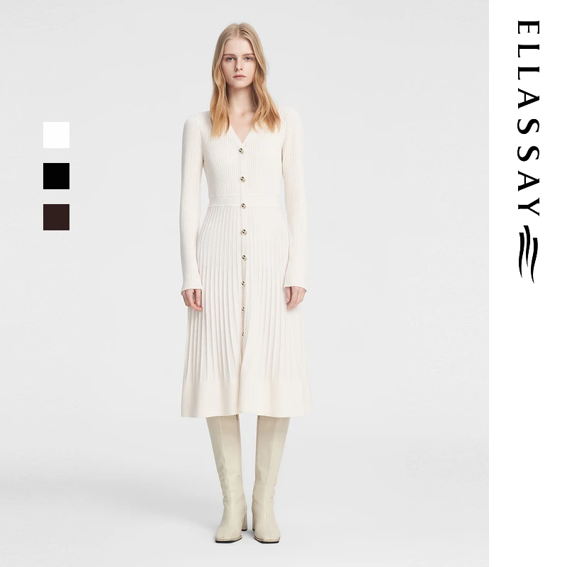 【粉丝专享】ELLASSAY歌力思秋季羊毛V领连衣裙女EWB353M02900