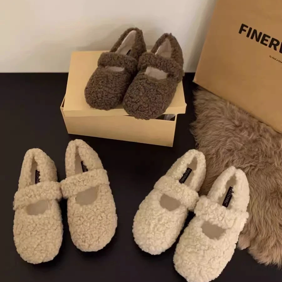 美拉德平底百搭玛丽珍毛毛鞋女鞋外穿2025新款秋冬季加绒棉鞋单鞋