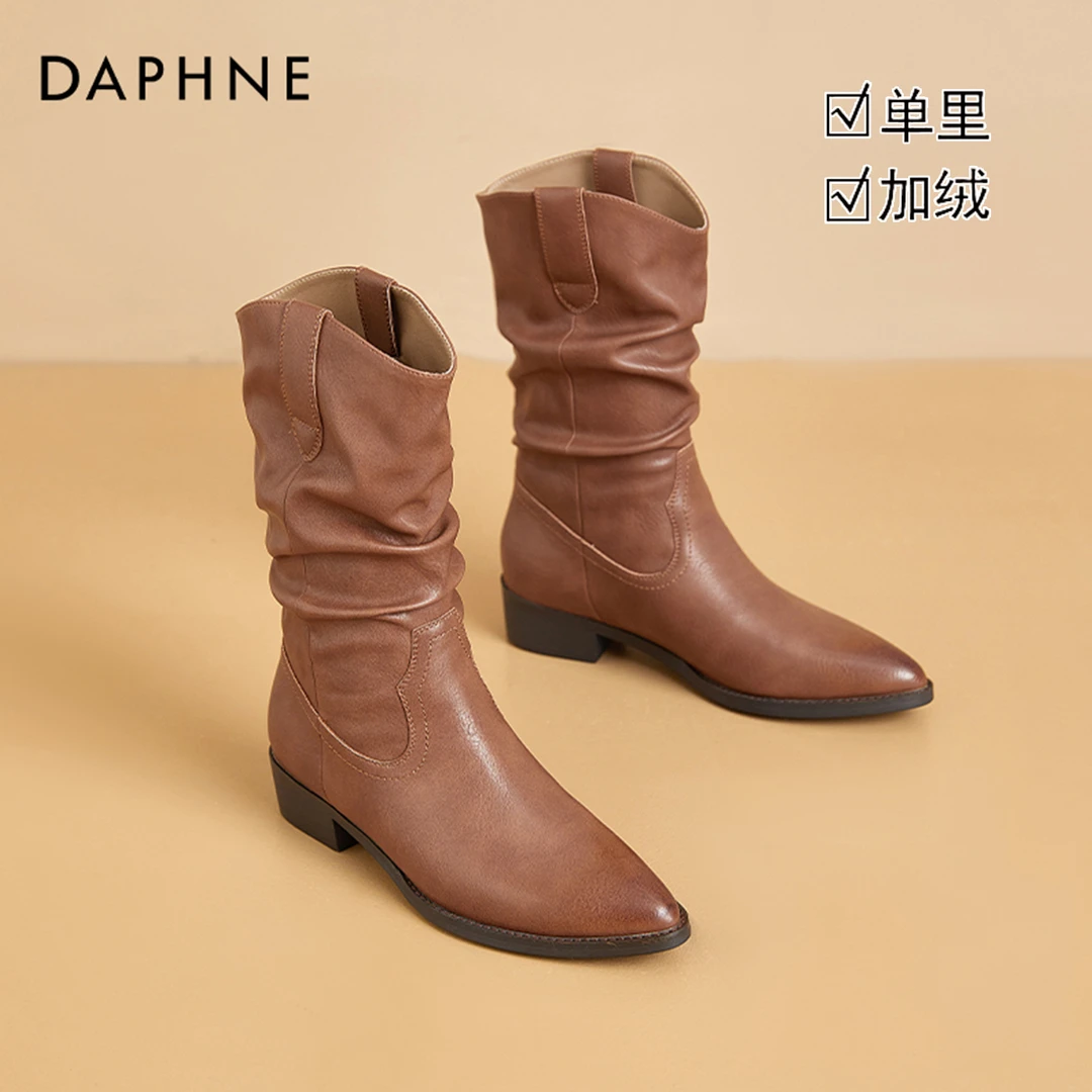 达芙妮西部牛仔靴女2025秋季新款尖头粗跟中筒靴美拉德棕色堆堆靴