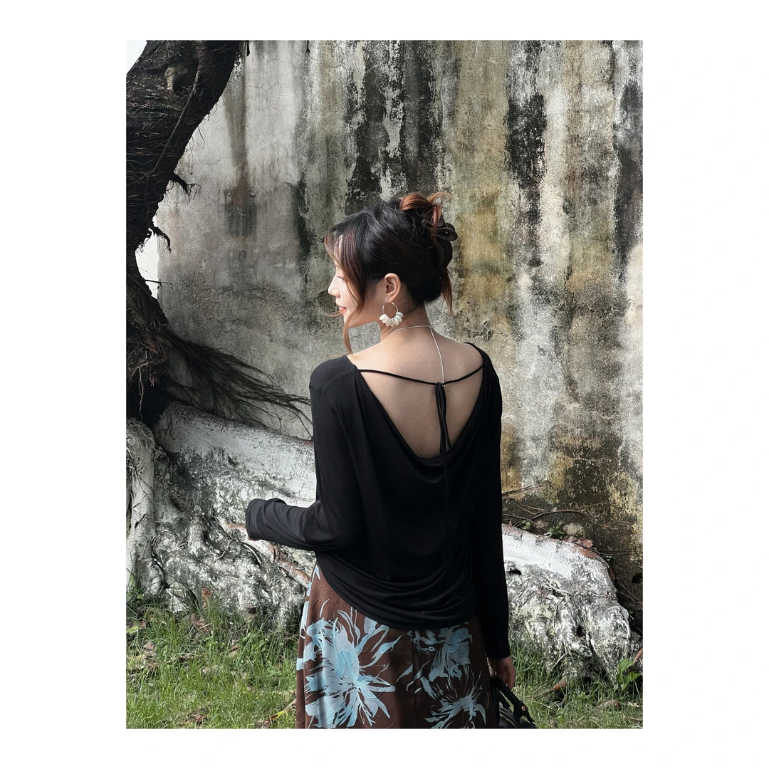 MOVE BY天丝羊毛荡领上衣慵懒风系带露背小心机设计感T恤C8072