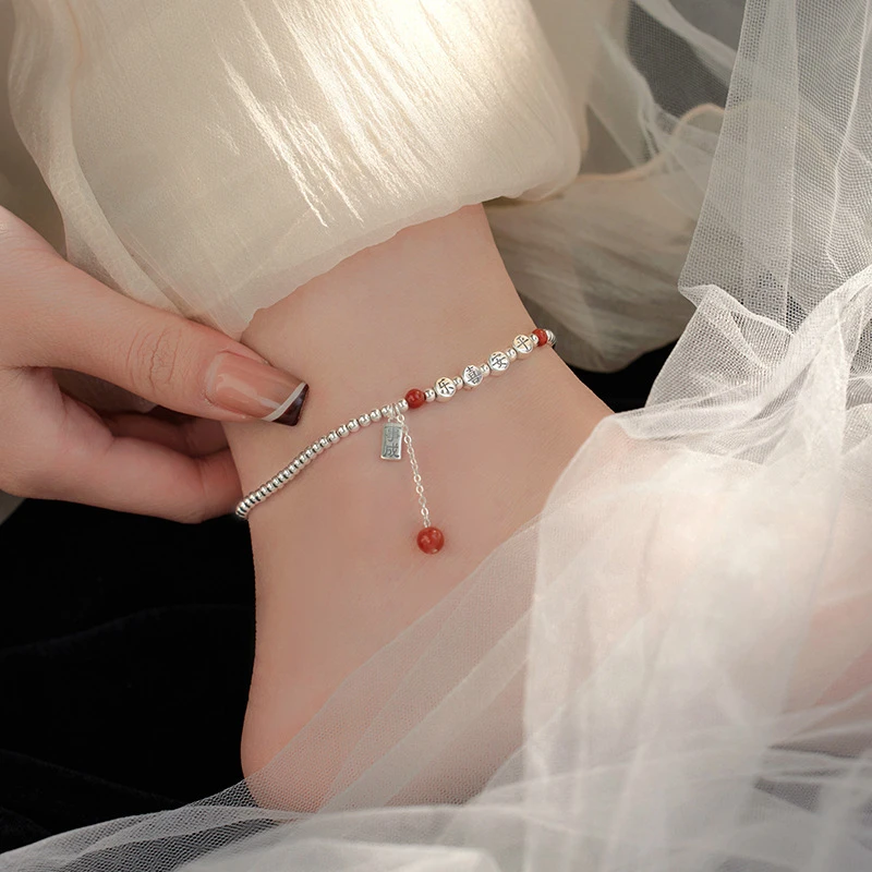 平安喜乐流苏脚链女新中式国潮串珠脚环弹力绳小众足饰