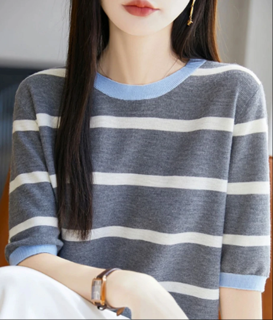 撞色条纹莱赛尔天丝短袖T恤女夏新款轻薄休闲宽松百搭半袖上衣