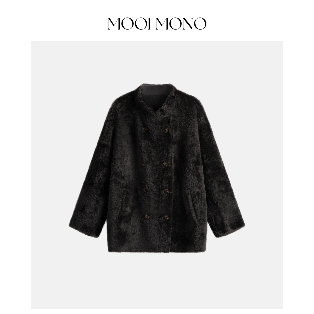 MOOI MONO“黑巧森林”显瘦复古双排扣直毛拉贡皮毛一体外套U359J54
