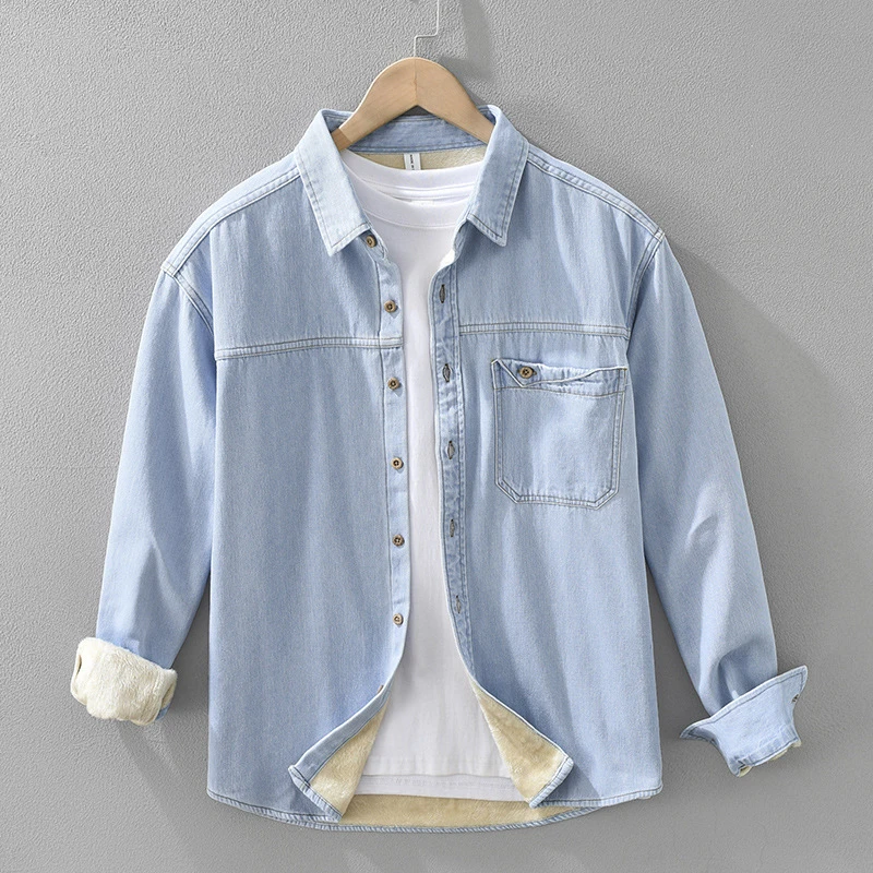 加绒加厚棉水洗牛仔加绒长袖衬衫男士休闲百搭文艺宽松衬衣