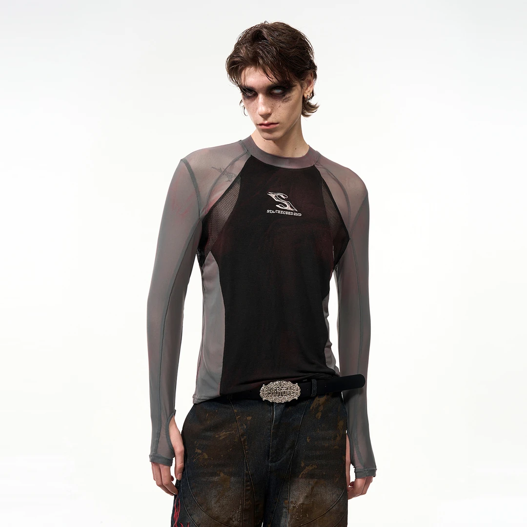 SEE 原创紧身网纱拼接长袖T恤男夏季半透明透气露指内搭打底衫潮