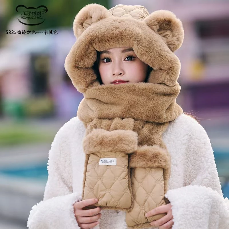 百搭三件套护耳帽毛绒防寒防风保暖女帽子围巾一体防寒