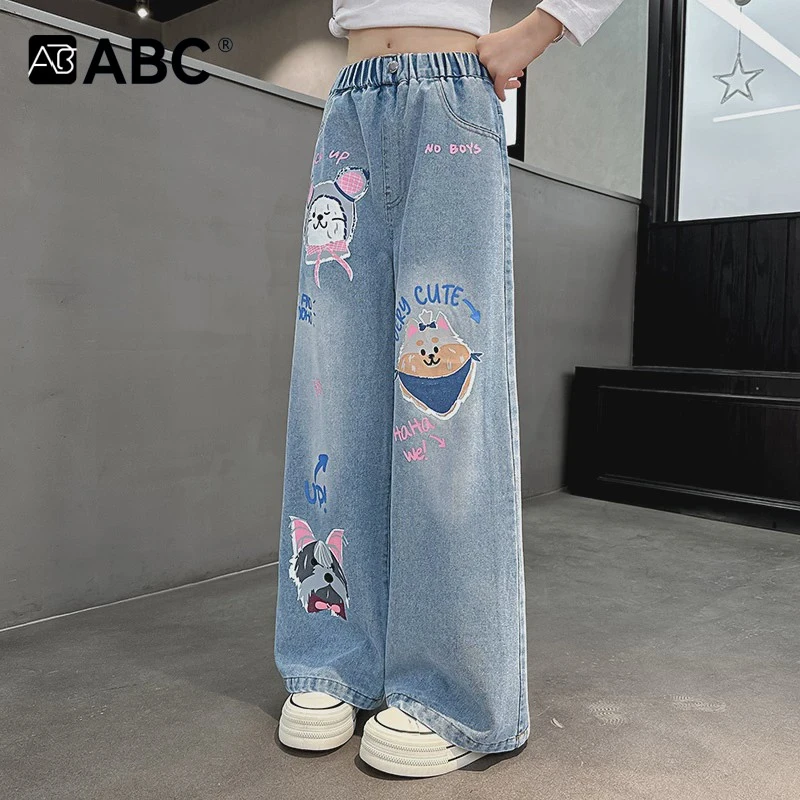 ABC女童春秋直筒裤2025新款儿童涂鸦牛仔裤儿童装洋气春装休闲阔
