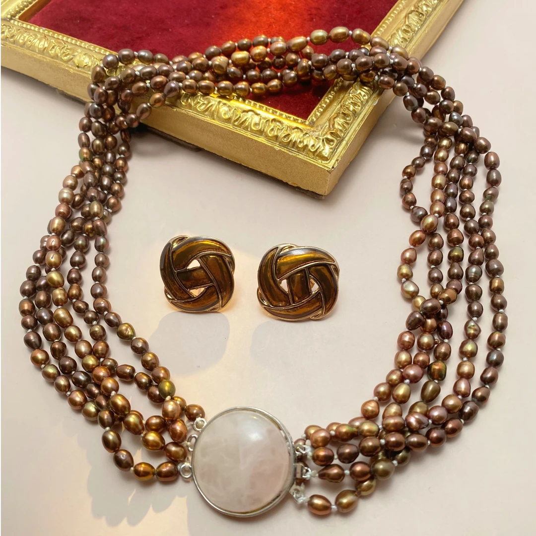 合金仿珍珠项链 金棕色海里的真珠珠项链+珐琅耳针套装