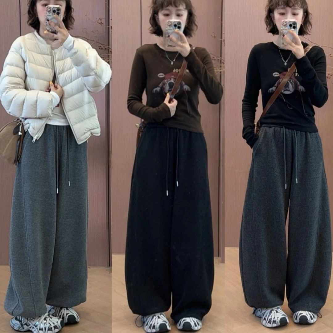 松弛感灰色弯刀阔腿裤女秋冬新款2025宽松显瘦加厚保暖抽绳休闲裤