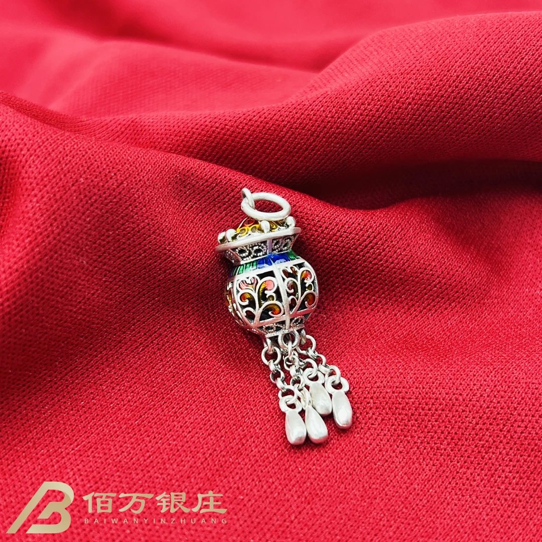 吊坠925银 【佰万银庄】银S925宫灯唐草纹流苏珐琅彩镂空吊坠精美