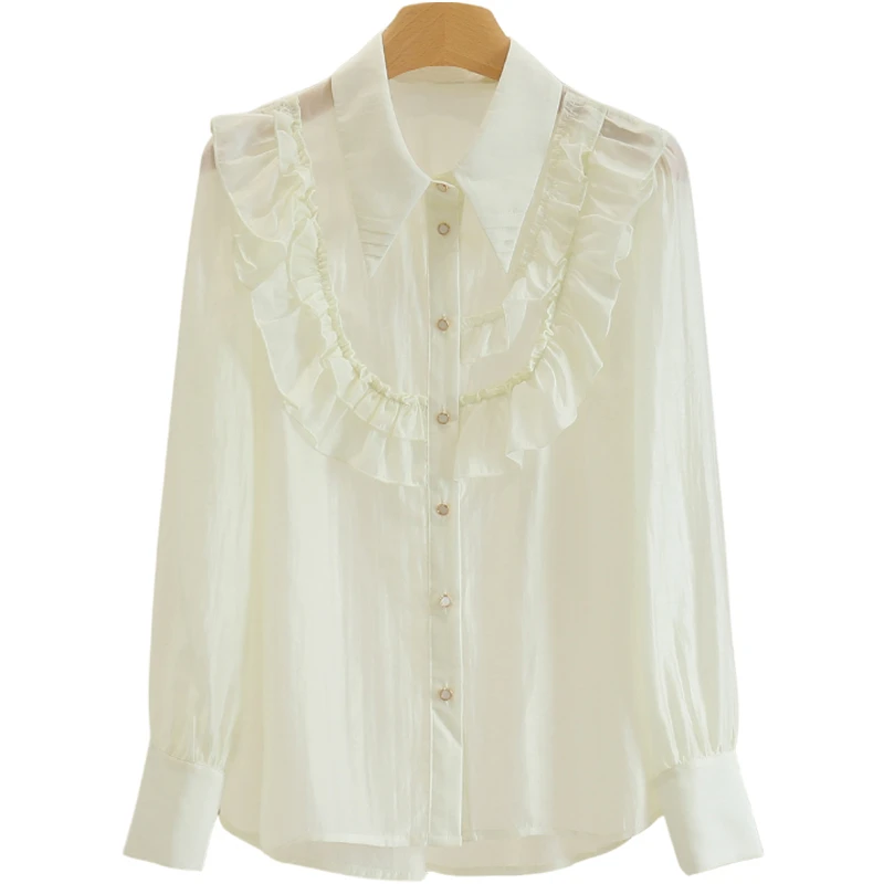 F1170-【丽】天丝不规则木耳边长袖衬衫#ZLR55S014