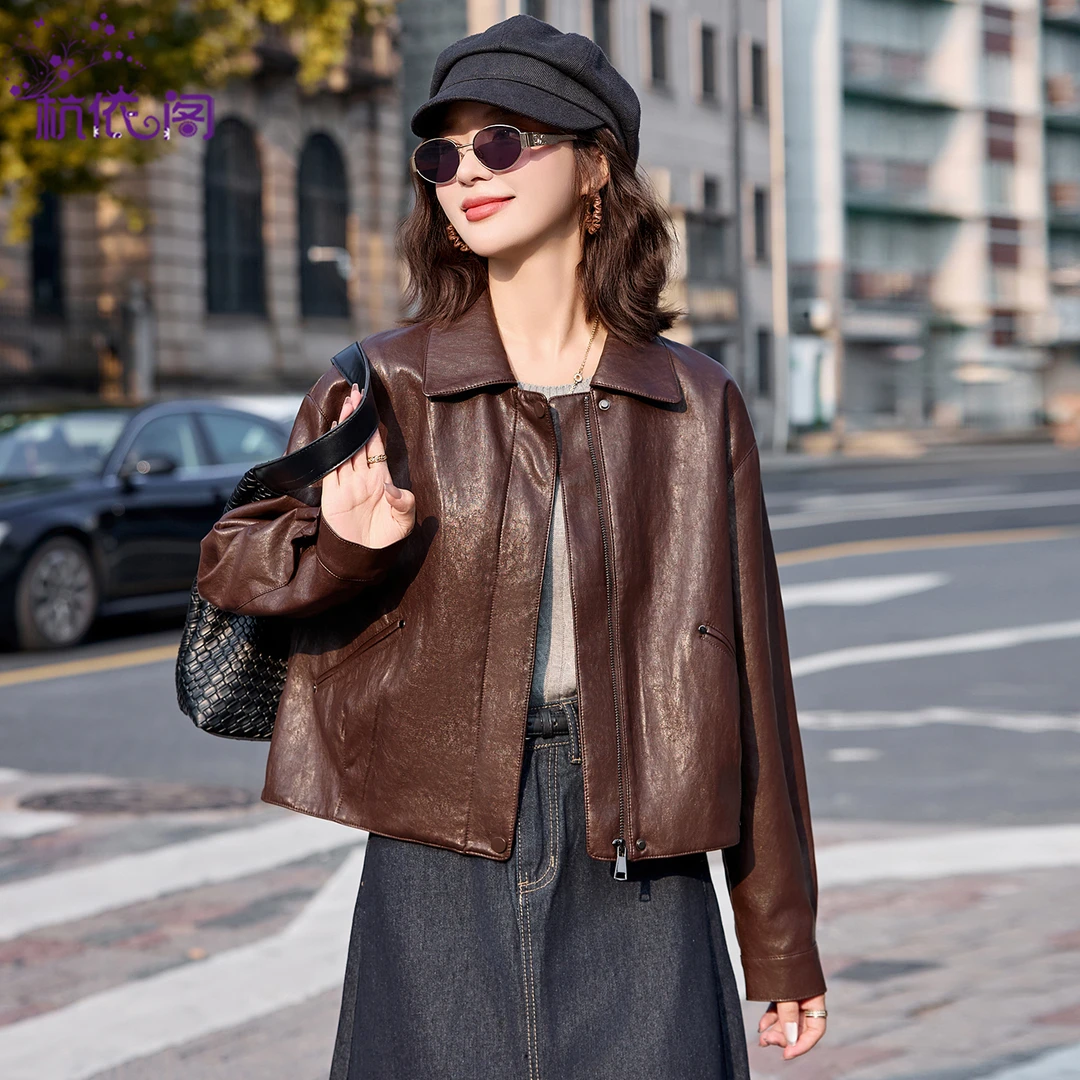 杭依阁皮衣外套女短款2025秋季新款气质复古休闲显瘦PU皮机车夹克