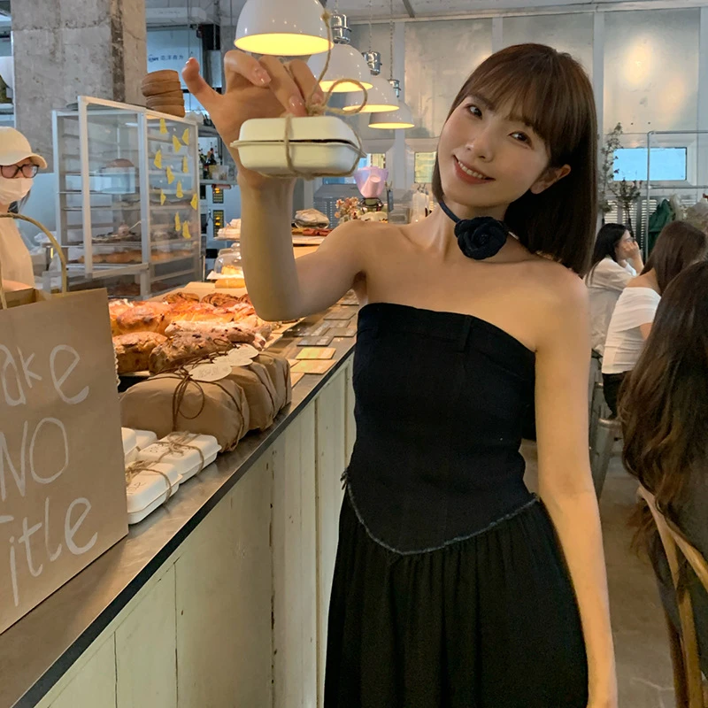 法式露背气质收腰无袖牛仔抹胸连衣裙S1133