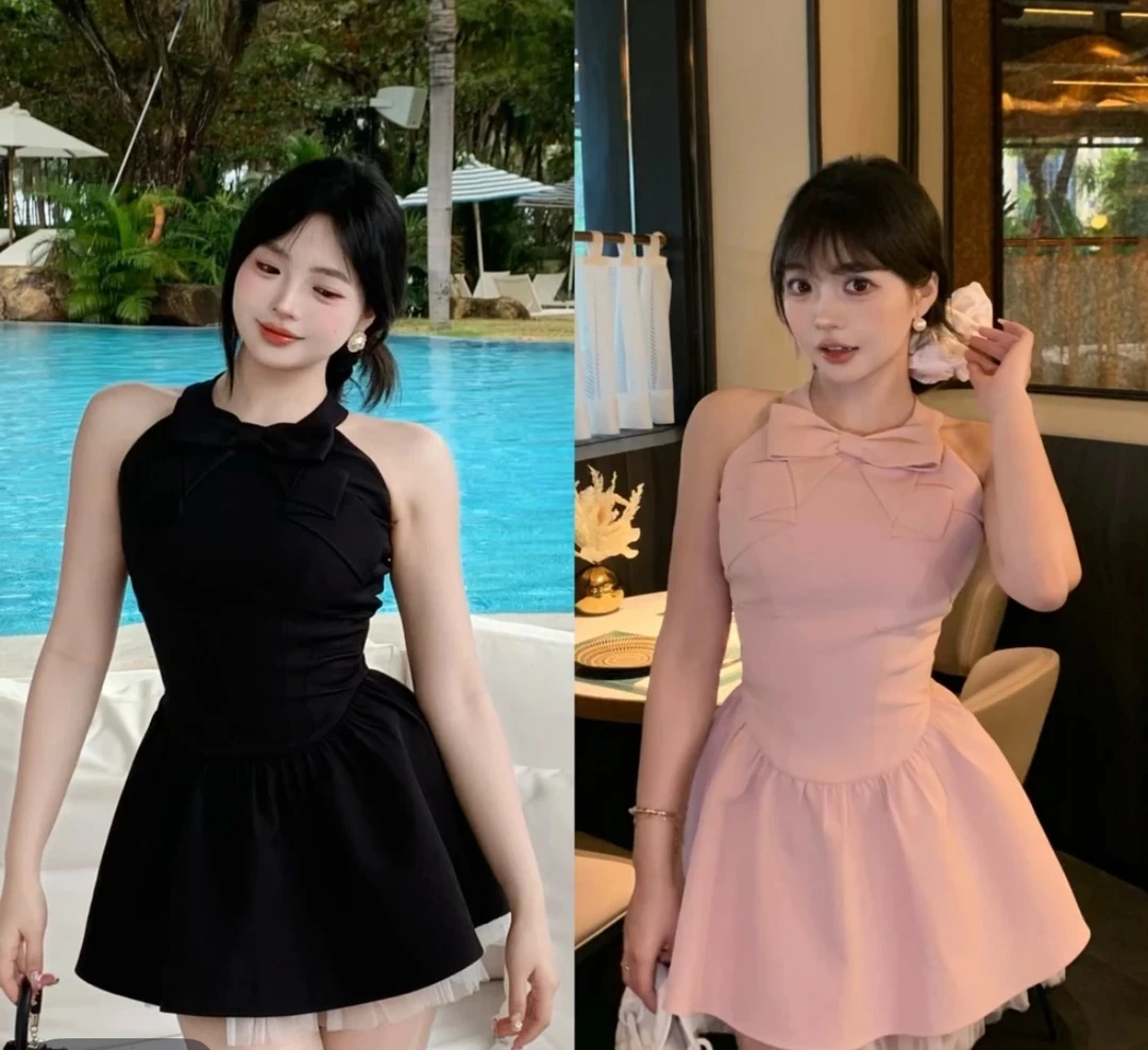 MengFairy清清【留法情书】设计感气质法式挂脖吊带连衣裙4973套装