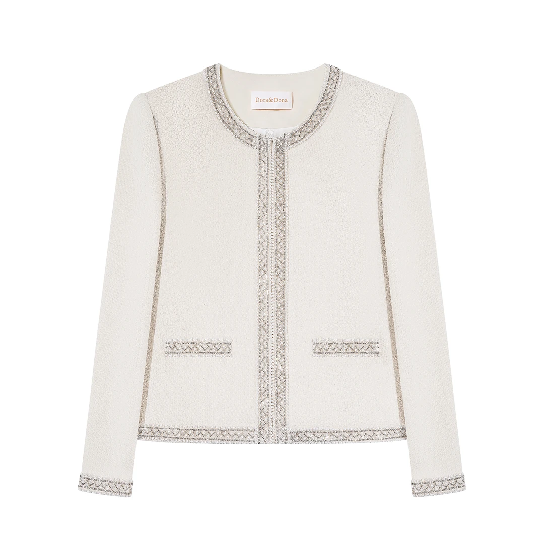 【雪琉璃】2025秋冬时尚重工轻奢气质小香风优雅羊毛镶钻长袖外套