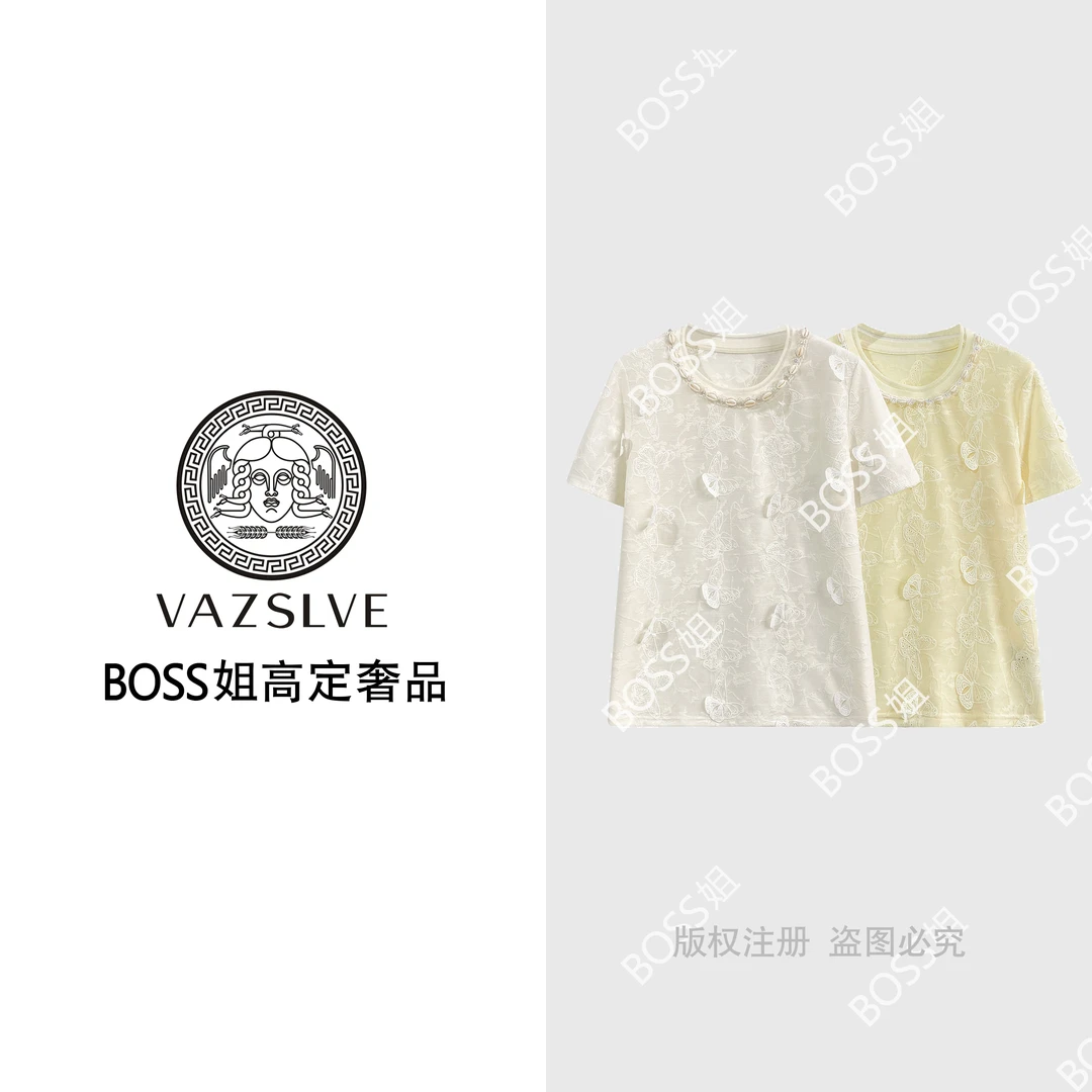 【VAZSLVE/原创设计】66983#重工立体蝴蝶拼接T恤2025春夏个性上衣