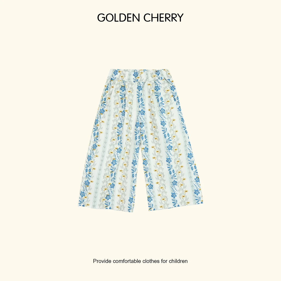 【金樱桃Golden cherry】小童蓝色碎花竖条纹阔腿休闲裤qdd608