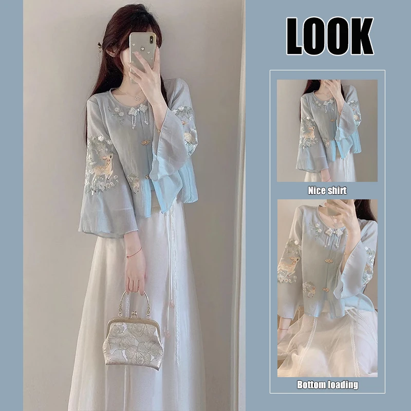 新中式国风女装套装2024新款改良汉服上衣气质显瘦半身裙子两件套