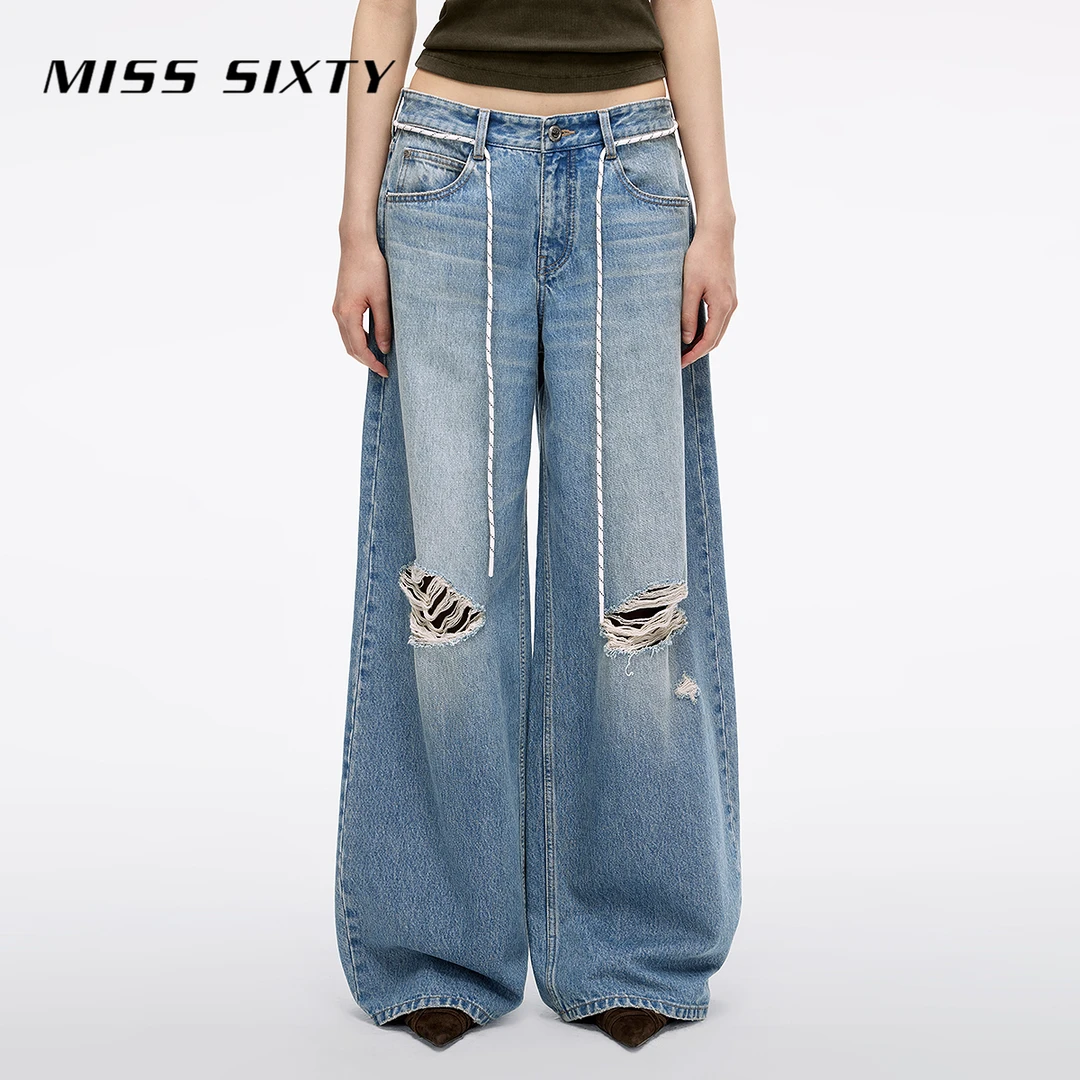 Miss Sixty2025秋季新款牛仔裤女低腰系带不规则破洞直筒长裤