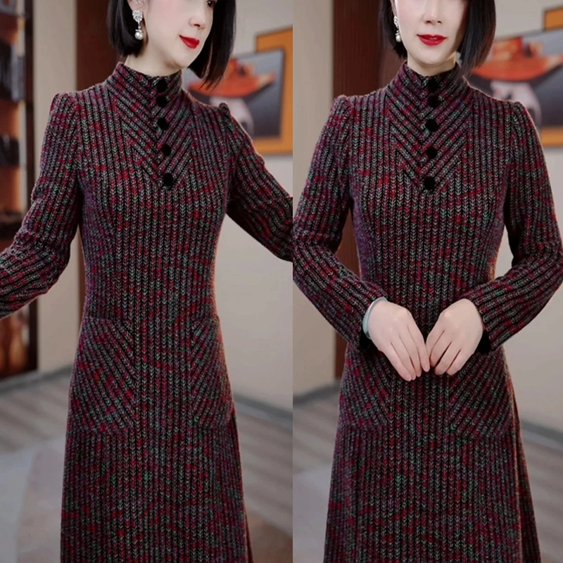 彩色条纹冬季新款修身显瘦遮肉小个子连衣裙高雅大气HR2078