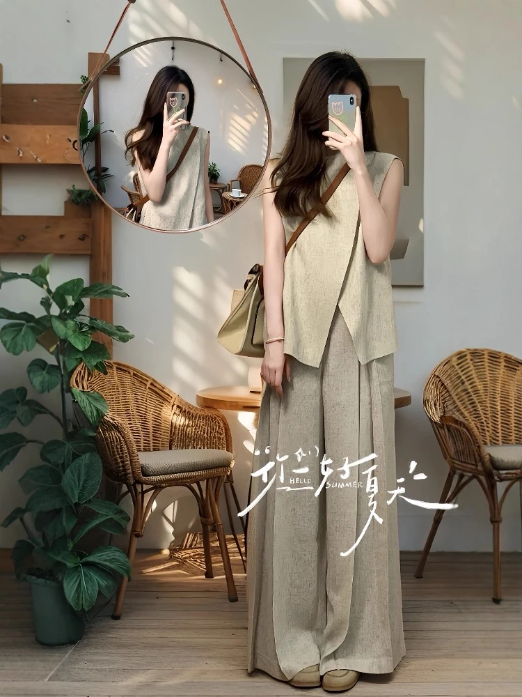 今年流行一整套大码胖mm老钱风不规则马甲上衣阔腿裤气质绝美套装