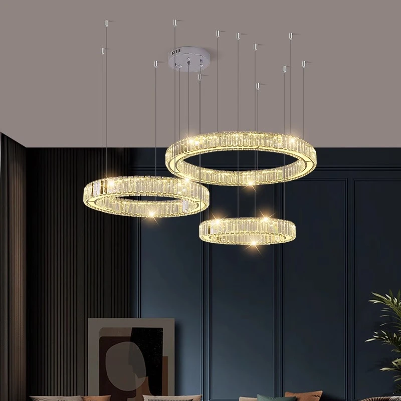 客厅吊灯北欧轻奢创意圆环水晶led灯现代简约高档别墅主卧房间灯