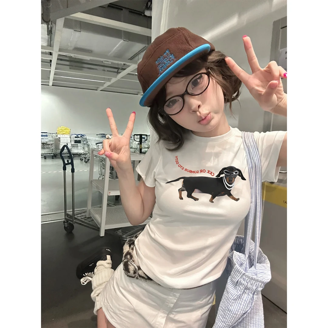 SUMBUR夏季新款穿搭欧美风短款辣妹ins修身显瘦圆领休闲短袖t恤女