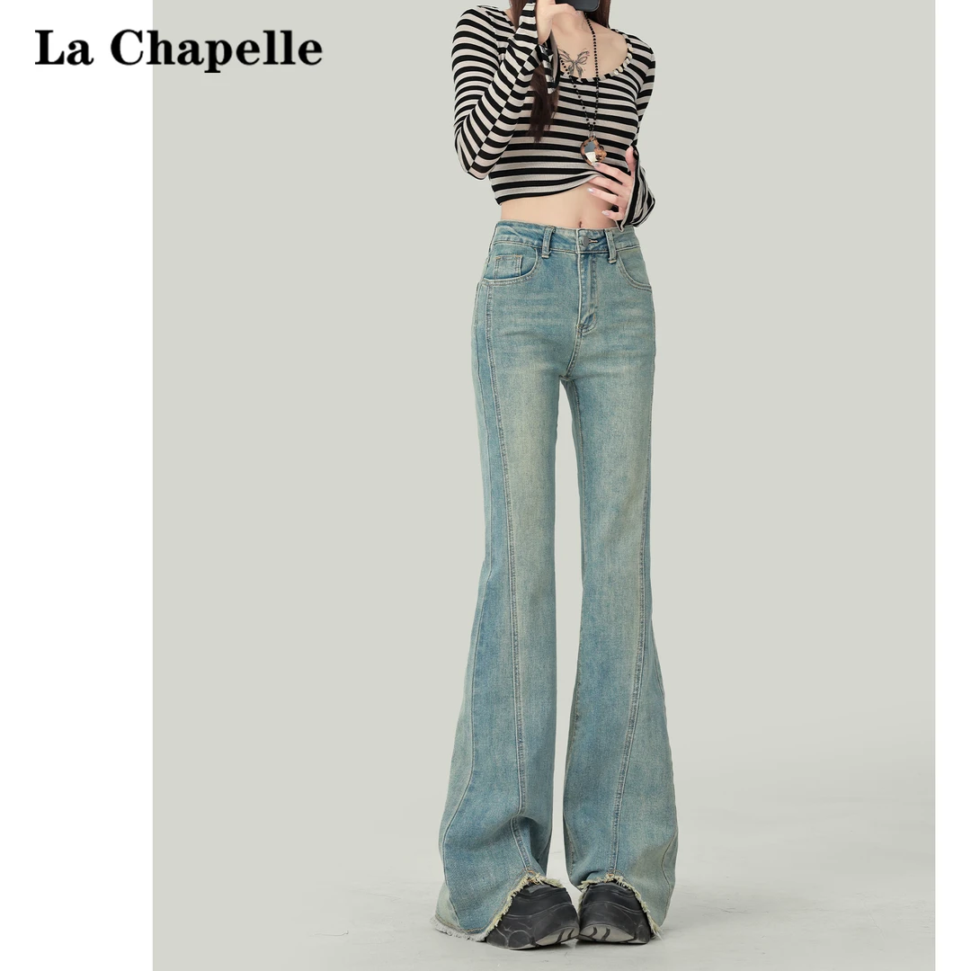 拉夏贝尔浅色毛边微喇牛仔裤女2025年早秋高腰修身显瘦马蹄喇叭裤