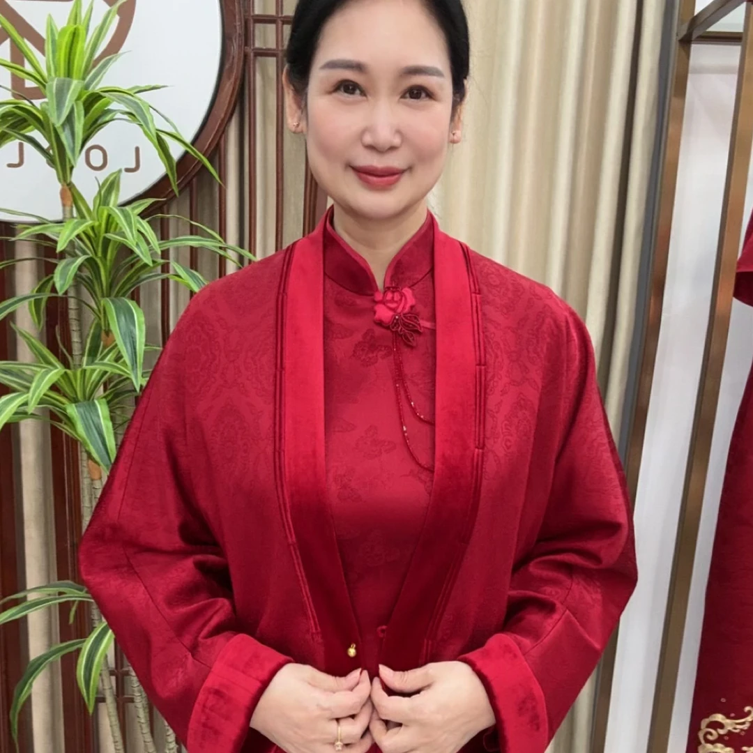 09073朱紫褕酒红色女款短外套喜婆婆喜妈妈婚宴装新中式中国风