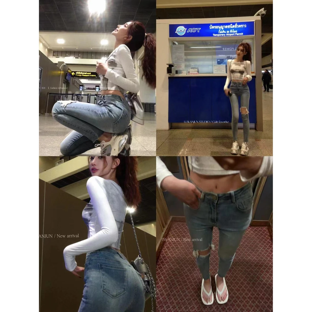 小鱼【卖了5年的小脚裤了】春款时尚修身破洞牛仔裤LWJ23C3K634