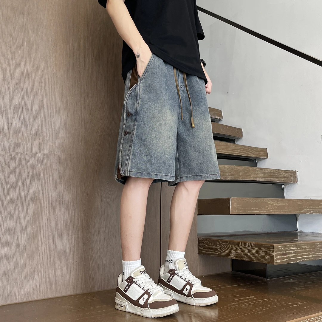 美式重磅牛仔短裤男士夏季新款宽松痞帅五分裤松紧腰大码潮牌中裤