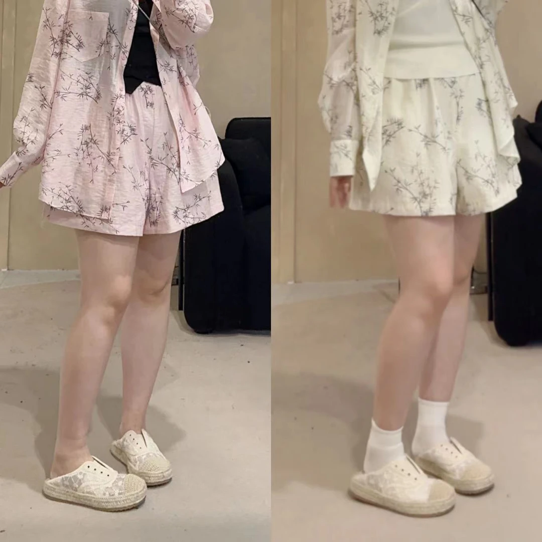 晶咕【落叶谱诗-短裤】国风竹叶印花短裤时尚夏季百搭薄款宽松