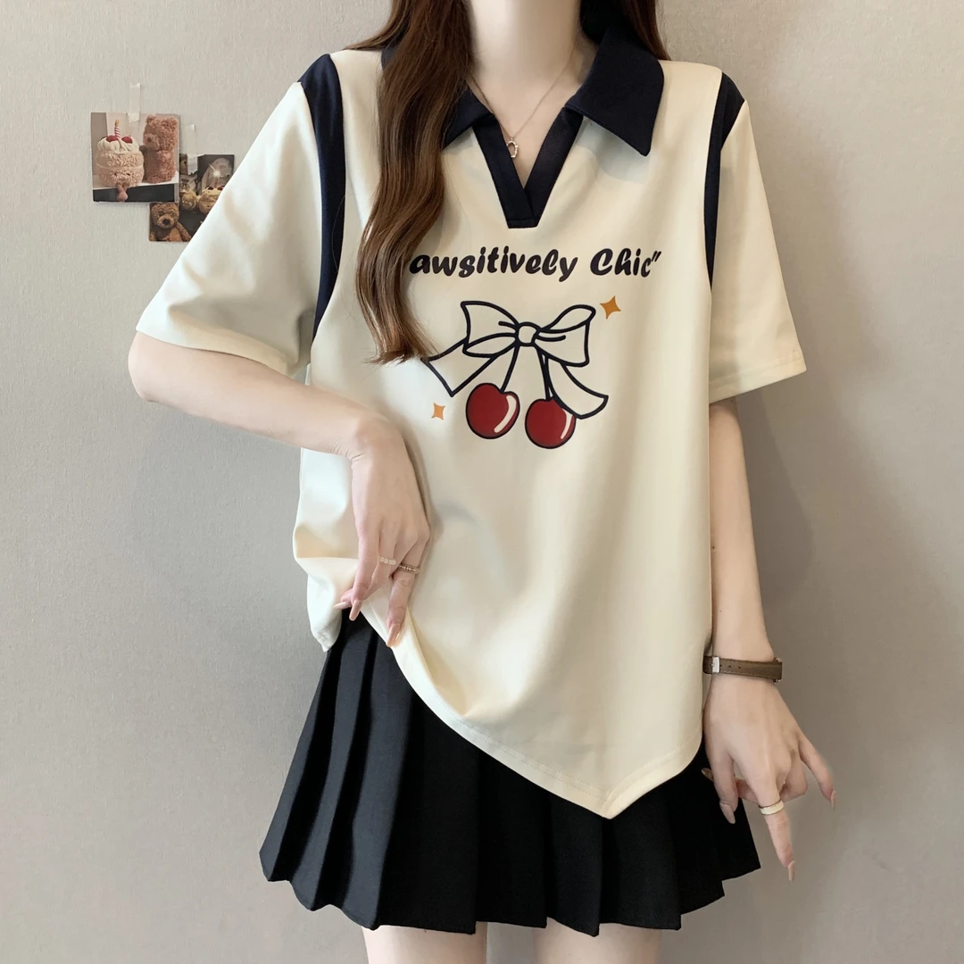 大码胖mm正肩撞色樱桃印花polo领t恤女宽松小众显瘦短袖上衣夏季