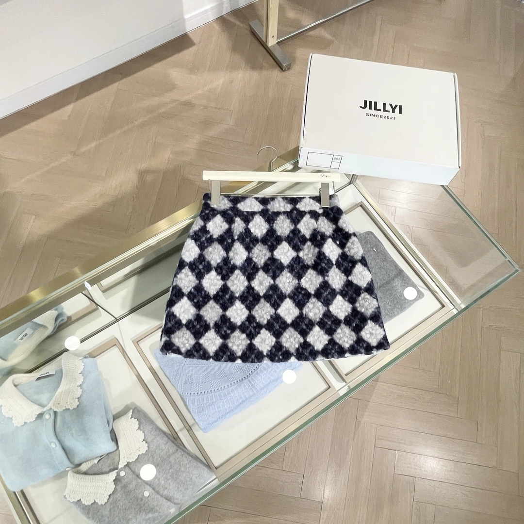 JILLYI【冬季棋盘】蓝灰菱格高腰时尚百搭毛呢半身裙