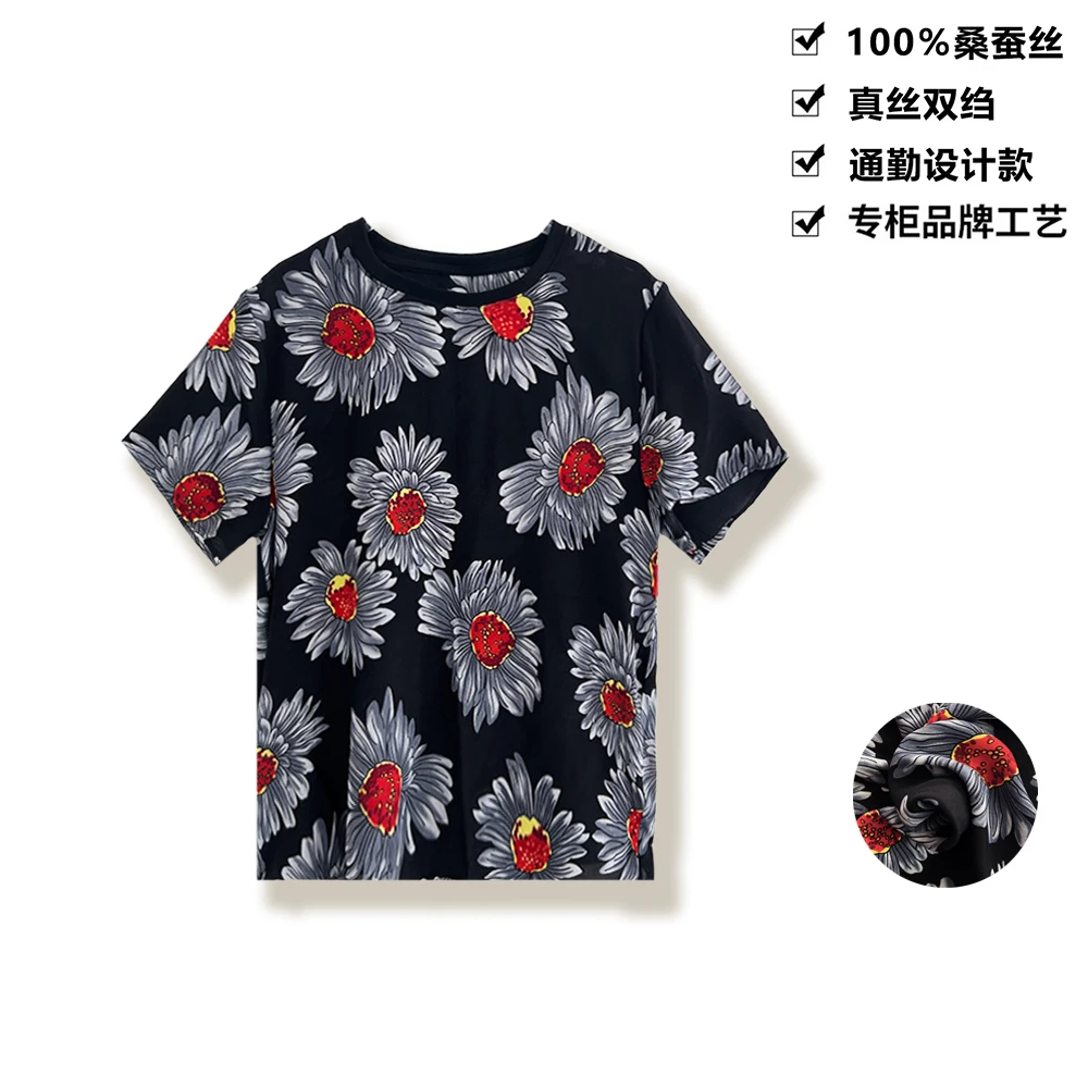 16姆米100桑蚕丝上衣国风雅菊气质印花真丝t恤短袖女上衣DX216