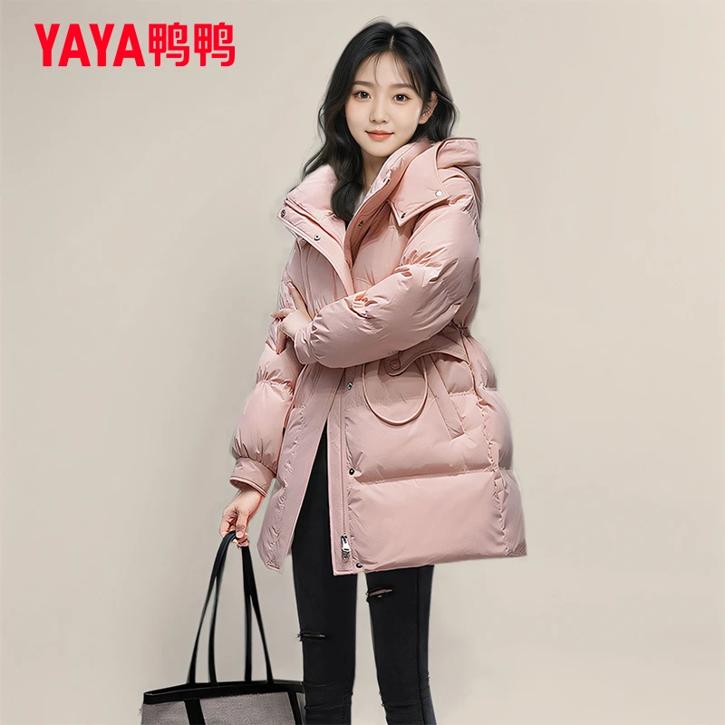 鸭鸭品牌中长款羽绒服女2025年冬季新品时尚连帽收腰显瘦冬装外套