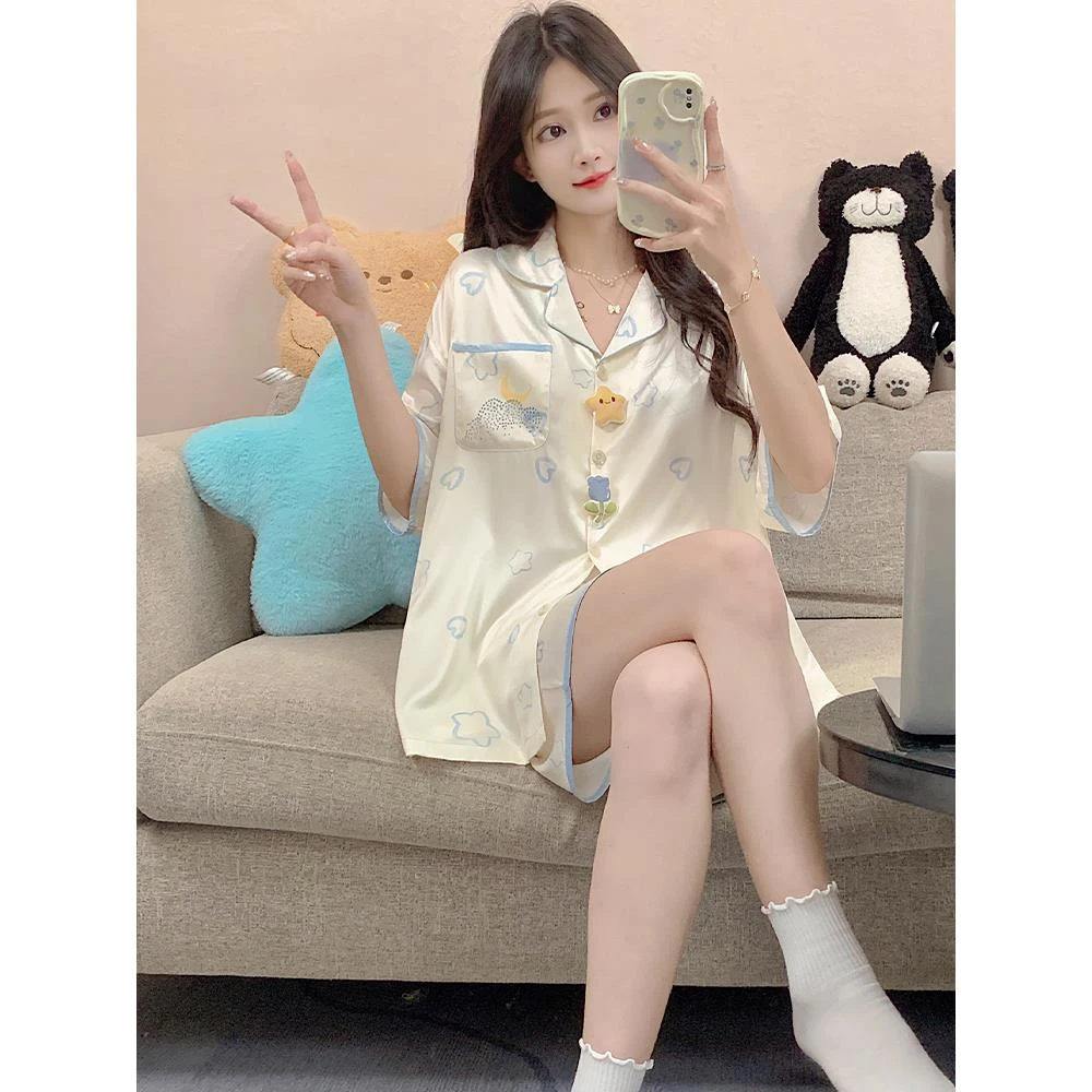 冰丝睡衣女款夏季卡通可爱少女薄款短袖凉感丝绸家居服套装可外穿