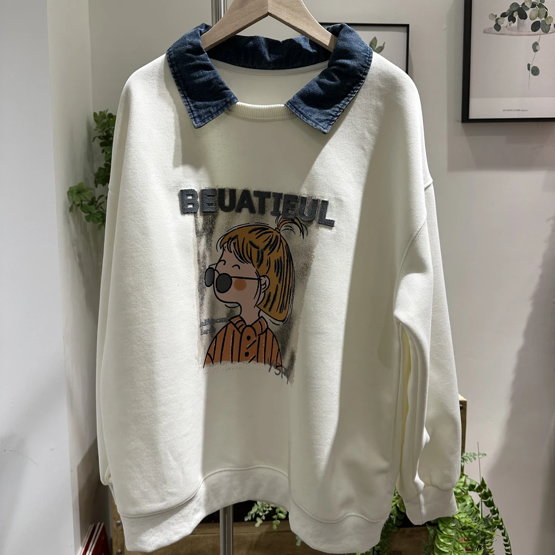 絜牛仔翻领时尚宽松百搭款拼接卫衣