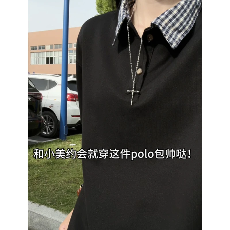 美式拼接格子polo衫短袖男女夏季设计感小众翻领格纹t恤情侣半袖
